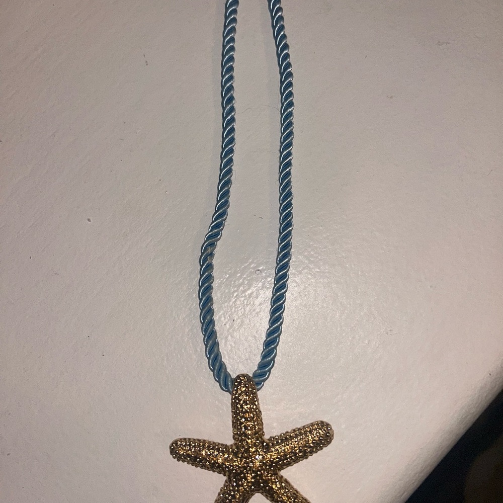 Gold Starfish Pendant on Blue Rope Necklace